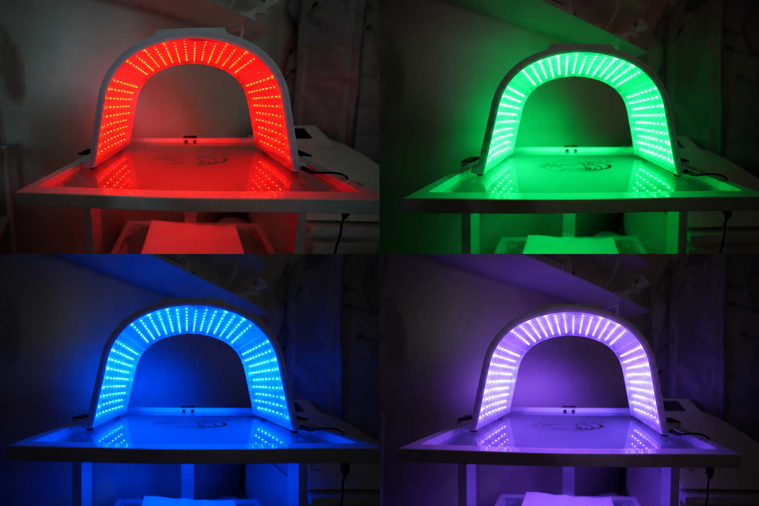 LED-valohoitolaitteet punaisella, vihreällä, sinisellä ja violetilla valolla Fiini Kauneushoitolassa